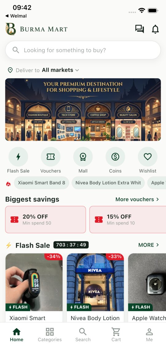 BurmaMart app home screen with flash sales and vouchers
